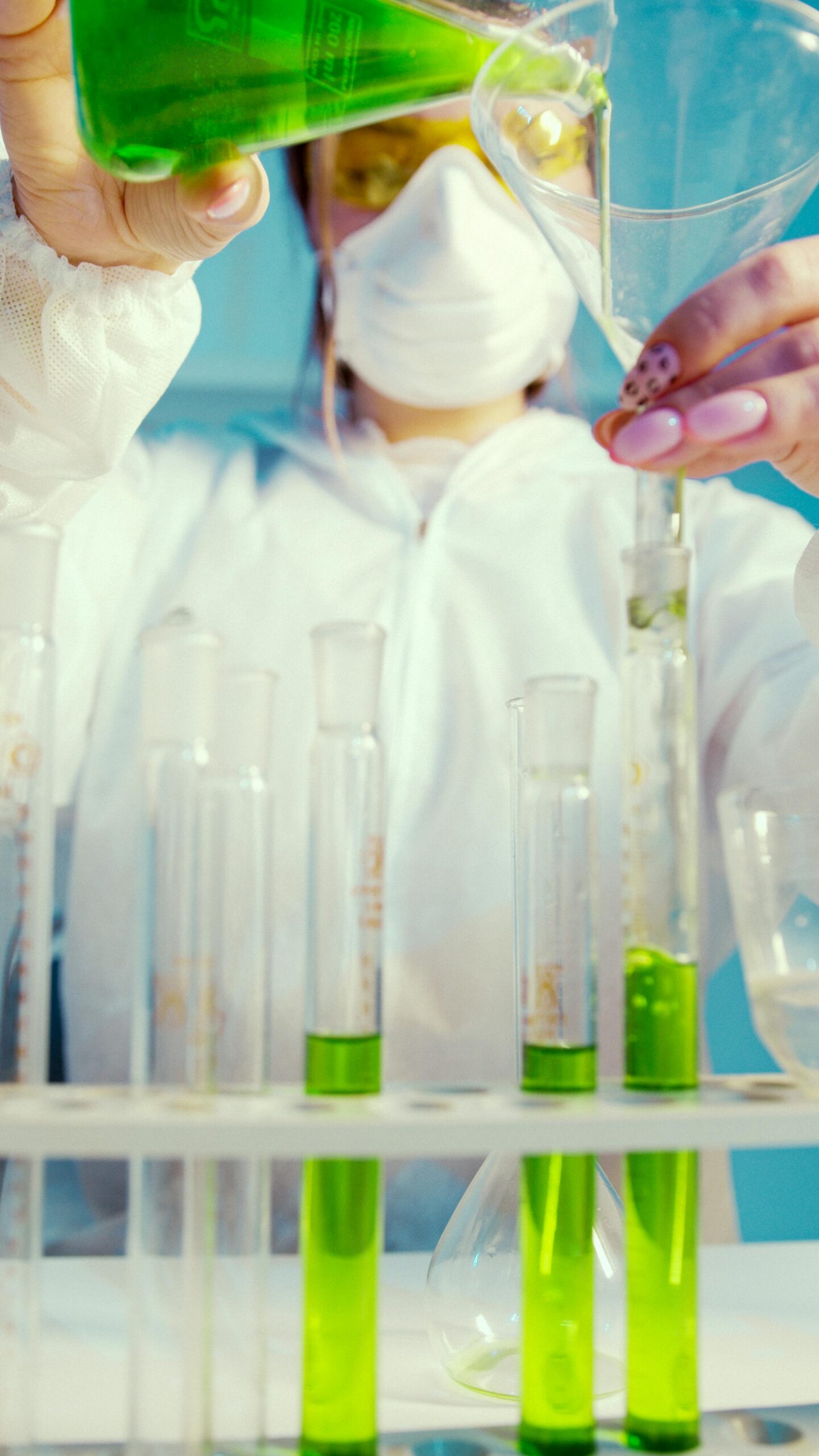 Female scientist conducting an experiment in a lab with green liquid in test tubes.